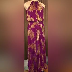 Long Wedding Guest Dress Magenta/Purple with Gold Foil Leaf style print Size 12